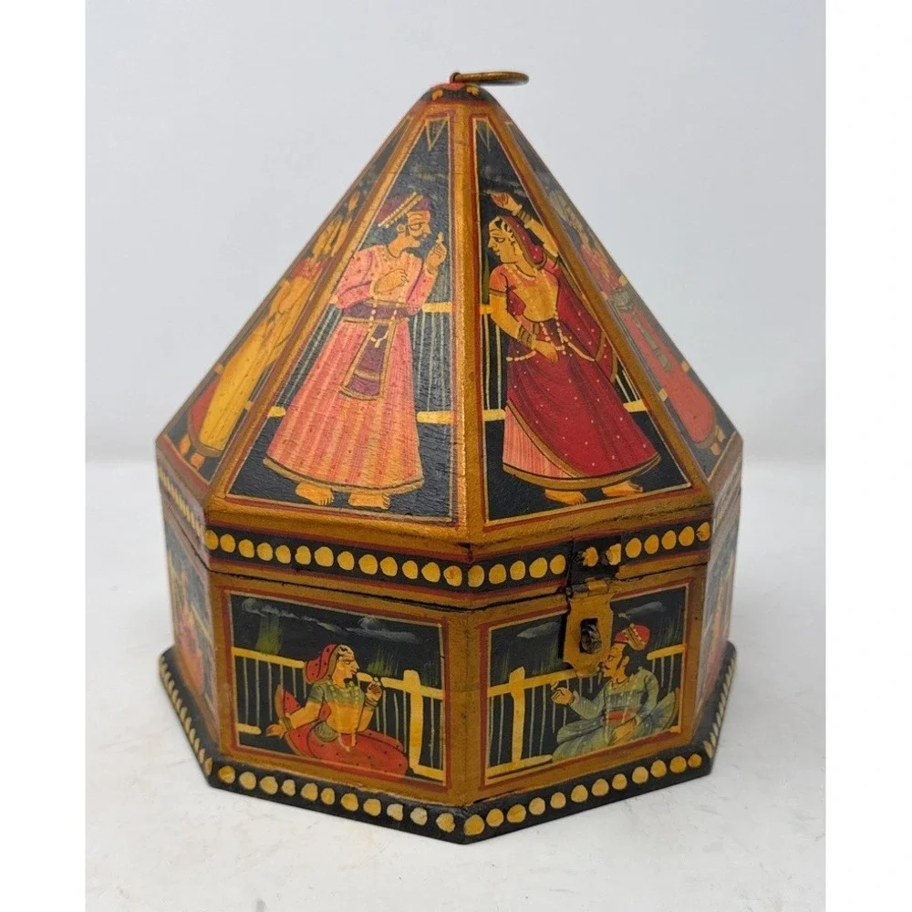 Antique Indian‎ Mughal Hand Painted Octagon Marriage Trinket Jewelry Box
